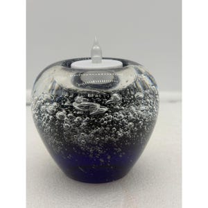 Vintage Hand Blown Glass Tea Light Candle Holder Cobalt Blue Clear Controlled Bubbles