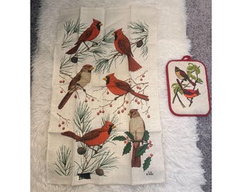 Vintage NOS Kay Dee Handprints Linen Tea Towel and Matching Potholder Cardinals