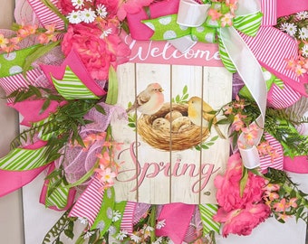 Spring Wreath, Bird Nest, Pink Floral Door Hanger