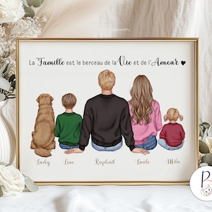 Peut inclure: Un portrait de famille encadré avec un chien, deux enfants et deux adultes. Le texte "La Famille est le berceau de la Vie et de l'Amour" est en haut. Les noms sont écrits en dessous : Lucky, Line, Raphael, Lucile et Mila.