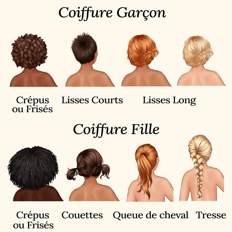 May include: Illustration of different hairstyles for children. The top row shows four hairstyles for boys: curly, short straight, long straight, and blonde. The bottom row shows four hairstyles for girls: curly, pigtails, ponytail, and braid.