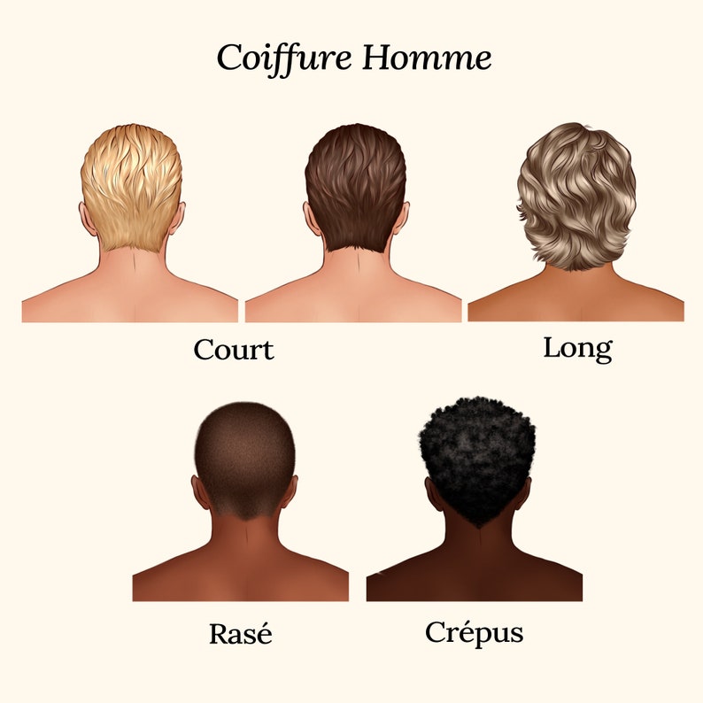 May include: Illustration of four men's hairstyles from the back, labeled "Court", "Long", "Ras&eacute;", and "Cr&eacute;pus".