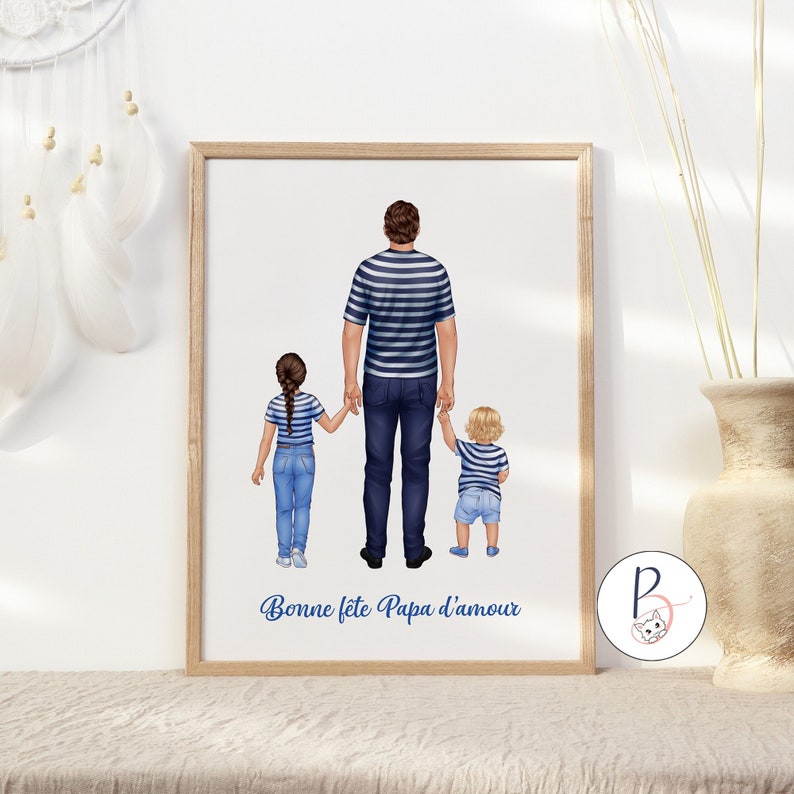 May include: A watercolor illustration of a father walking with his two children. The father is wearing a blue and white striped shirt and blue jeans. The children are wearing blue jeans and shirts. The text "Bonne fete Papa d'amour" is written at the bottom of the image.