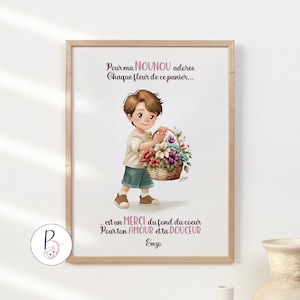 Póster de agradecimiento personalizable: "Gracias de corazón" - Profesora, niñera, guardería - Niño con una cesta de flores