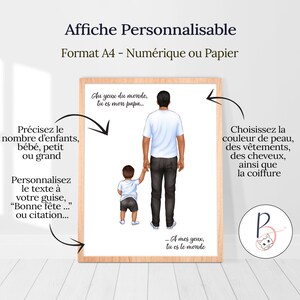 May include: A printable digital art print featuring a father and son walking hand-in-hand. The text reads "Au yeux du monde, tu es mon papa..." and "A mes yeux, tu es le monde".