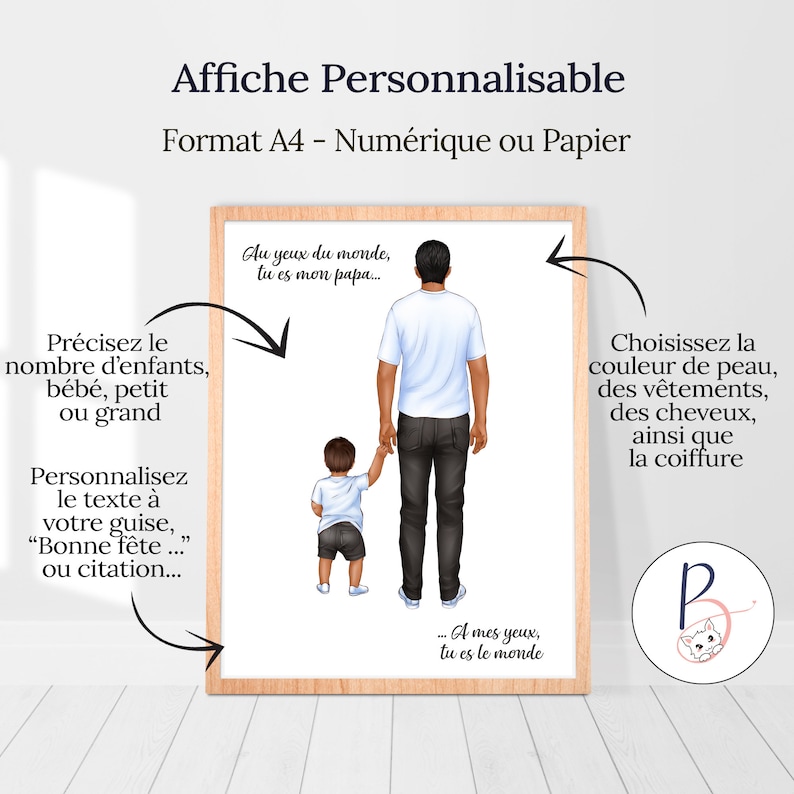 May include: A printable digital art print featuring a father and son walking hand-in-hand. The text reads "Au yeux du monde, tu es mon papa..." and "A mes yeux, tu es le monde".