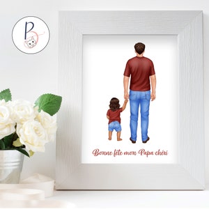 May include: A digital illustration of a father and child walking hand-in-hand. The father is wearing a red shirt and blue jeans. The child is wearing a red shirt and blue jeans. The text "Bonne f&ecirc;te mon Papa ch&eacute;ri" is written below the illustration.