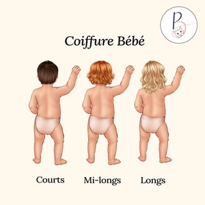 May include: Three illustrations of babies with different hairstyles. The baby on the left has short hair, the middle baby has medium length hair, and the baby on the right has long hair. The text "Coiffure B&eacute;b&eacute;" is at the top of the image.