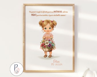 Póster de agradecimiento personalizable: "Gracias de corazón" - Profesora, niñera, guardería - Niña con una cesta de flores