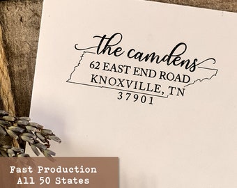 May include: A black and white custom return address stamp featuring the text "the camdens", "62 EAST END ROAD", "KNOXVILLE, TN", and "37901" with an outline of the state of Tennessee.