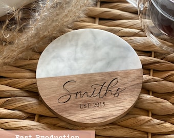 Custom Engraved Wood Marble Coaster | Personalized Coaster Set | Stone Coaster Wedding Engagement Gift | Housewarming Gifts For Her