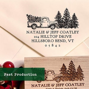 Beautiful Holiday Address Stamp, Christmas Card Stamps, Personalized Engraved Stamp, Wood Handle or Self Ink, Pine Tree Stamp