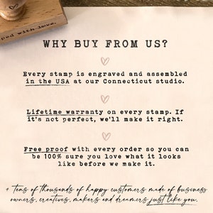 Puede incluir: Un sello de madera con el texto "stamped with love" es visible en la esquina superior izquierda. Se muestra el texto "WHY BUY FROM US?", seguido de texto sobre grabado, garant&iacute;a de por vida y pruebas gratuitas. El texto est&aacute; en una fuente serif.