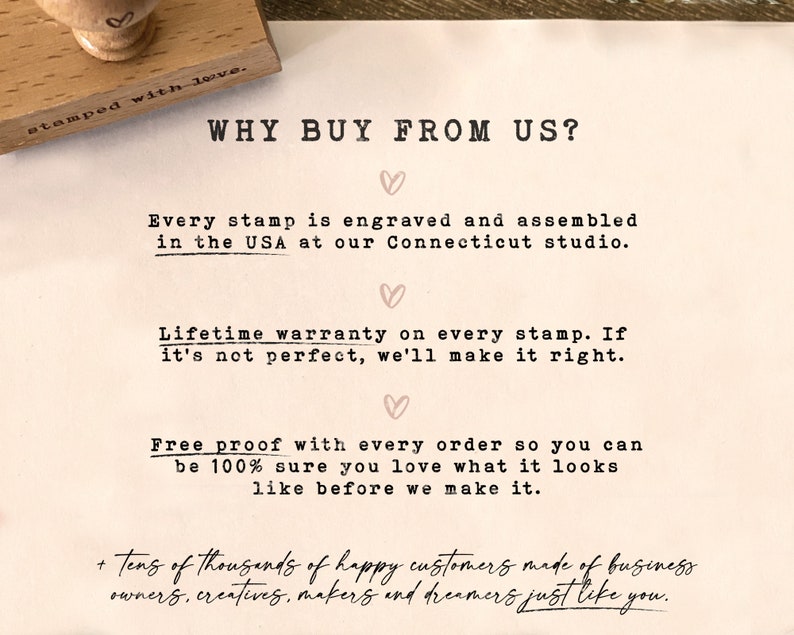 Puede incluir: Un sello de madera con el texto "stamped with love" es visible en la esquina superior izquierda. Se muestra el texto "WHY BUY FROM US?", seguido de texto sobre grabado, garant&iacute;a de por vida y pruebas gratuitas. El texto est&aacute; en una fuente serif.