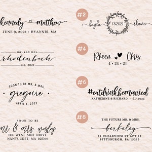May include: A set of eight wedding announcement designs with different styles and text. The designs feature a variety of fonts, graphics, and layouts. The text includes the names of the couples, the date of the wedding, and the location of the wedding.