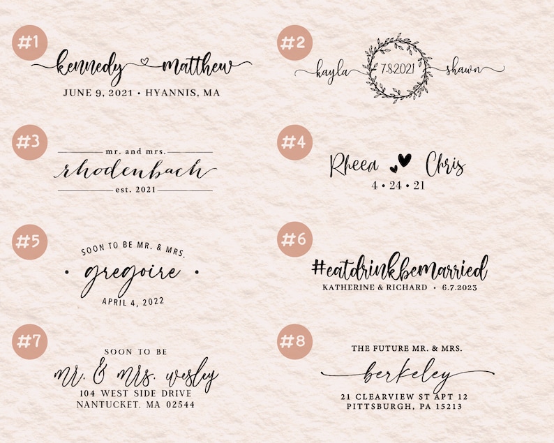 May include: A set of eight wedding announcement designs with different styles and text. The designs feature a variety of fonts, graphics, and layouts. The text includes the names of the couples, the date of the wedding, and the location of the wedding.