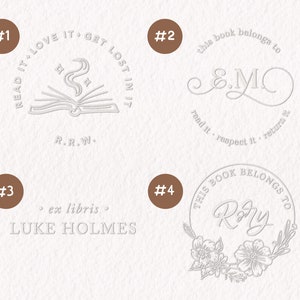 May include: Four different bookplate designs. The first design features a book with a flame coming from it and the text "Read it, love it, get lost in it". The second design features a cursive script with the text "This book belongs to &MC, read it, respect it, return it". The third design features the text "ex libris, LUKE HOLMES". The fourth design features a floral wreath with the text "This book belongs to Rory".