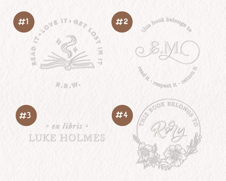May include: Four different bookplate designs. The first design features a book with a flame coming from it and the text "Read it, love it, get lost in it". The second design features a cursive script with the text "This book belongs to &MC, read it, respect it, return it". The third design features the text "ex libris, LUKE HOLMES". The fourth design features a floral wreath with the text "This book belongs to Rory".