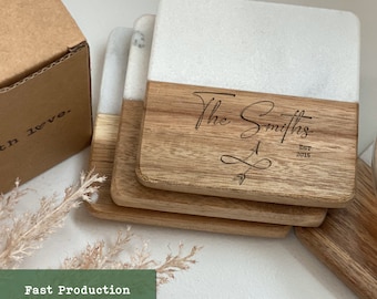 Customized Coasters | Logo Coasters | Wood and Stone Engraved | Family Name Coasters | Wedding Engagement Gift