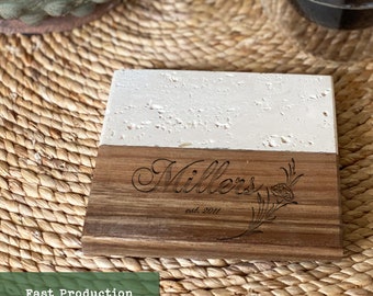 Engraved Family Coasters | Couple Engagement Coaster | Customized Logo Coasters | Travertine Wood Coaster | Wedding Name Engagement Gift