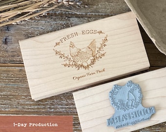 Sello de cartón de huevos personalizado / Sello de huevo de granja grabado / Sello de logotipo de granja personalizado / Sello de goma y madera de caja de huevos