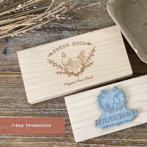 Individueller Eierkarton Stempel | graviert Bauernhof Ei Stempel | Personalisierte Bauernhof Logo Stempel | Eierschachtel aus Holz und Stempelgummi