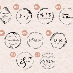 May include: Nine different wedding stamp designs with various fonts, styles, and dates. The stamps are black and white and feature floral accents.