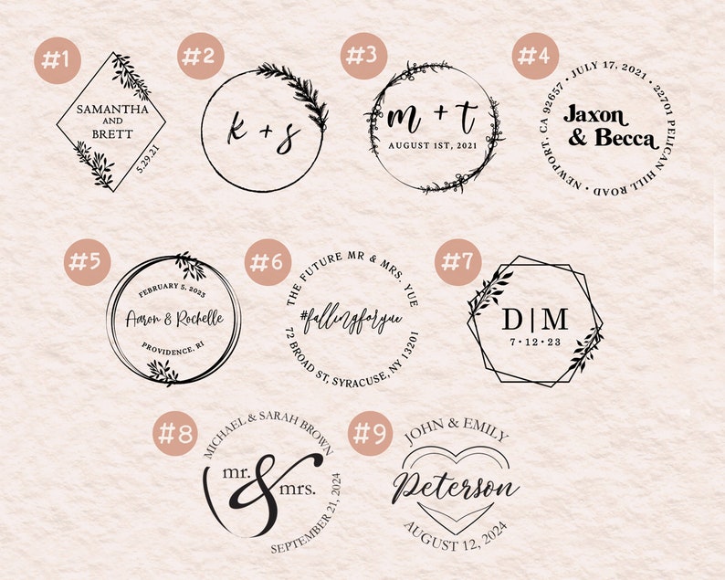 May include: Nine different wedding stamp designs with various fonts, styles, and dates. The stamps are black and white and feature floral accents.