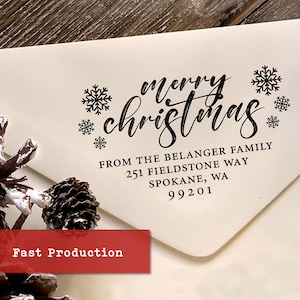 Merry Christmas-adresstempel, sneeuwvlokstempel, 3 x 2 inch grote postzegels voor kerstkaarten, houtgegraveerd of zelfinktend, benodigdheden voor de feestdagen