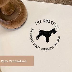 Gepersonaliseerde hondenretouradresstempel, cadeau voor hondenliefhebbers, schnauzer-stempel, houten handvat of zelfinktende rubberen stempel, 20 hondenrassen