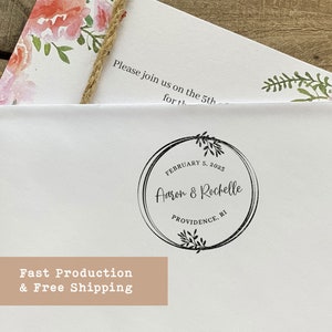Sello de boda personalizado con flores, sello de dirección de matrimonio personalizado clásico, sello de celebración con mis detalles, sello de goma para guardar la fecha