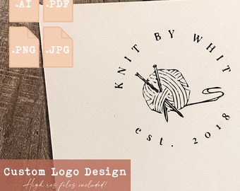 May include: Black and white logo design for a knitting business called "Knit By Whit" established in 2018. The logo features a ball of yarn with knitting needles.