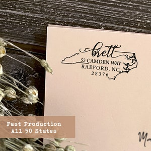 Custom State Return Address Stamp, North Carolina Address Stamp, Customized Rubber Stamp, Gift for Newlyweds, Self Inking or Wooden Stamp