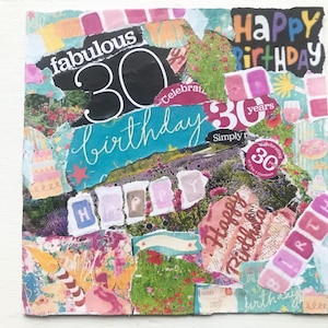Carta strappata fatta a mano, collage di mosaico, favoloso biglietto d'auguri per il 30° compleanno, 6 x 6