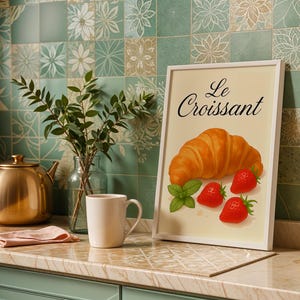 Croissant Print French Bakery Printable Wall Art Digital Download Poster with Croissant & Strawberries Kitchen Decor, Café Aesthetic