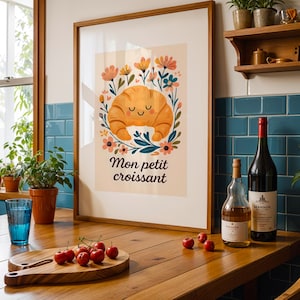Kawaii French Croissant Kitchen Wall Art Print - Cute Cafe Poster for Coffee Lovers & Paris Decor
