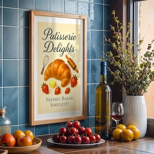 French Croissant Kitchen Art, Breakfast Print, Food Wall Art, Kitchen Decor Digital Download