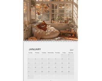 May include: A 2027 wall calendar for January featuring a white cat resting on a beige cushion in a sunlit room. The scene includes a brown pillow with the text Attack the Titan, a wooden bench with books, and large windows with autumn foliage.
