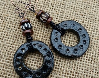 Pendientes de cerámica artesanal: ganchos de cobre hechos a mano, joyería para cosplay LARP