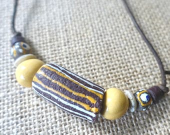 African Recycled Glass Beaded Necklace / Unisex Artisan Beads On A Leather Cord Jewellery