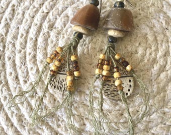 Taming The Wilderness One Of A Kind Earrings / Dangle & Drop / Tassel Earrings - Duster Earrings / Artisan Ceramics / Horn Focal Beads
