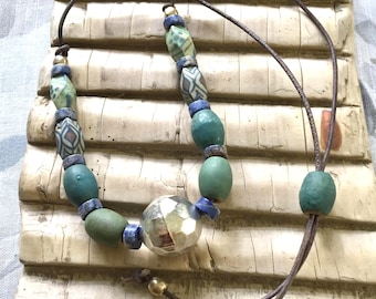 Vintage Ceramic Necklace / Vintage Folk Beads / Green & Blue Beads / Sodalite Beads / Gemstone Necklace / Adjustable Length