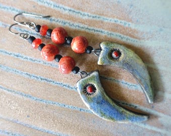 Fang Charm Earrings: Artisan Ceramic Beads, Titanium Hooks