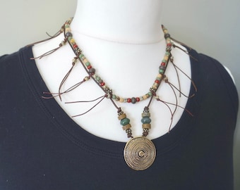 Wasteland Weekend Adornment / Tribal Queen Frontierland Necklace / Czech Glass Beads / Bronzite, Brass Pendant