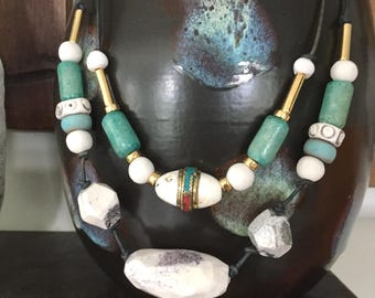 Burning Man - Faded Glory beaded pair / Artisan Ceramic Necklaces / Vintage Conch shell Necklace
