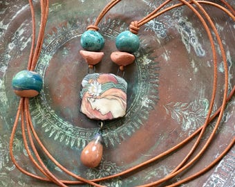 THE DREAMER pendant Necklace / Artisan Ceramic Pendant and Beads / Adjustable Length / Layering Necklace / Minimalist Necklace