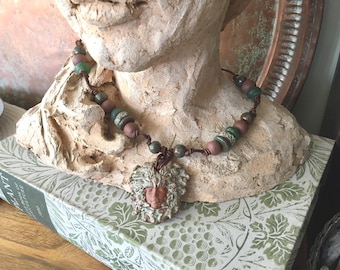 OOAK WILD WOMAN  necklace / Artisan Ceramic Pendant & Beads / Green Woman / Pagan Necklace