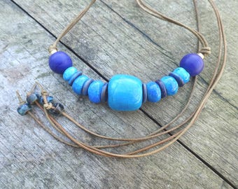 Collar Nefertiti / Cuentas de cerámica vintage / Joyería inspirada en el Antiguo Egipto / Collar azul