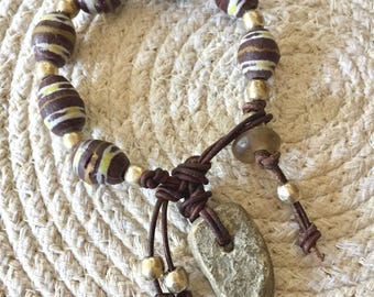 African. vintage beaded bracelet / African Tribal / Mali Old Stone Charm / Statement Jewellery