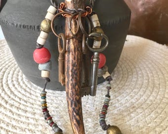 KEEPER Of The KEYS Necklace Embellishment / Vintage Keys - Antler Prong - Vintage Mali Stone Beads / Fantasy Forest Festival